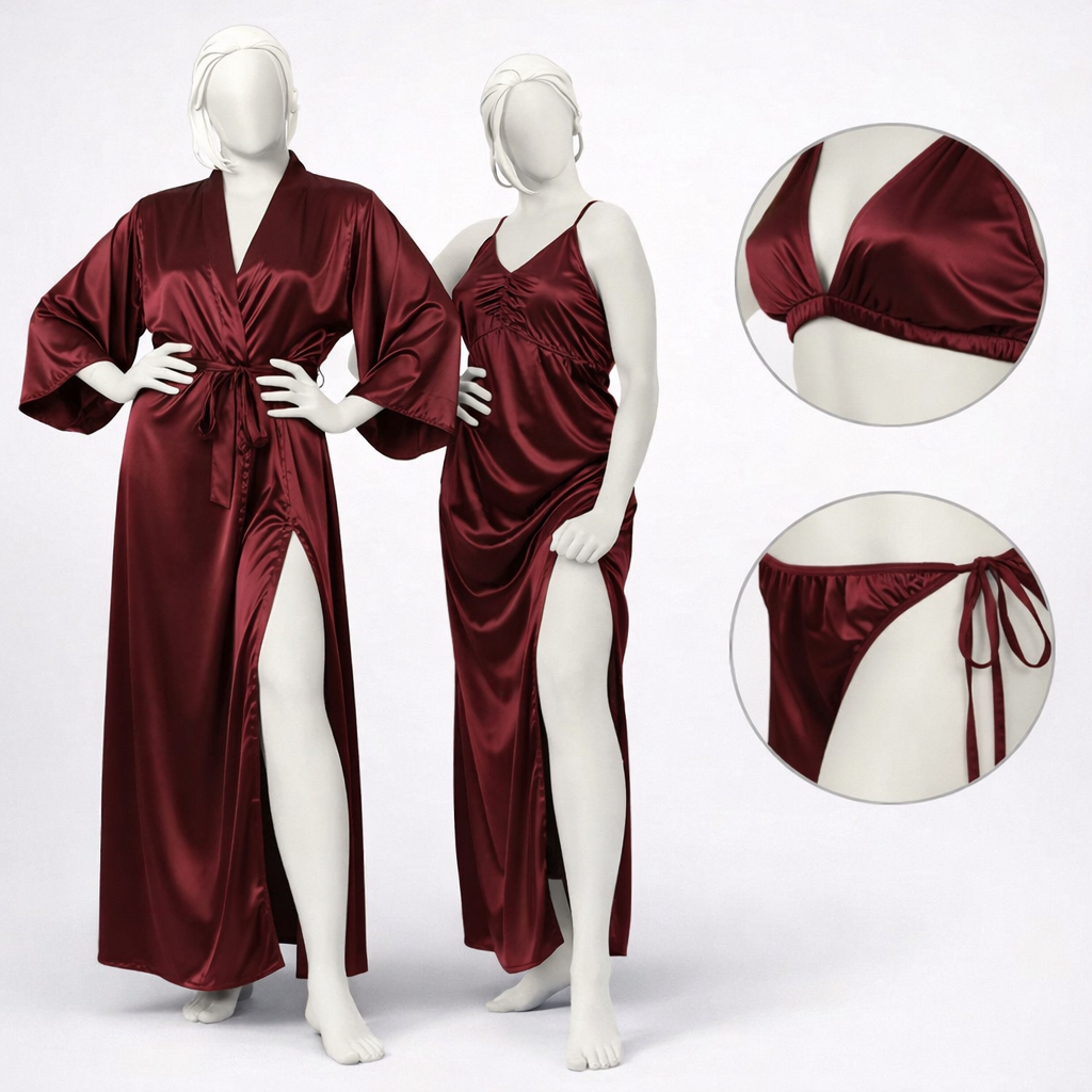 Burgundy Silk Satin 4-Piece Lingerie & Nightwear Set for Women – Luxury Soft Satin Sleepwear, Free Size Sku R005B