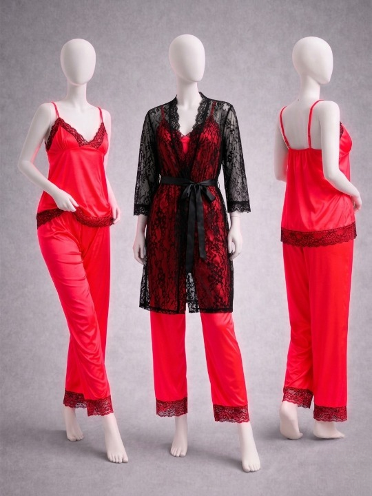 Elegant 3-Piece Women's Nightwear Set – Silk Cami,