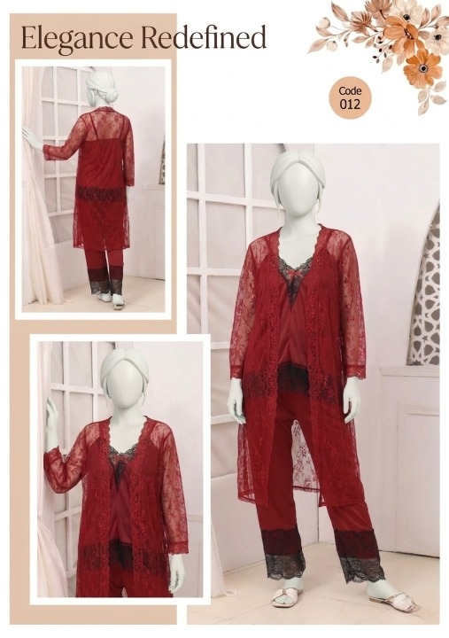3 Pcs Premium Silk & Net Black Lace Women's Sleepwear