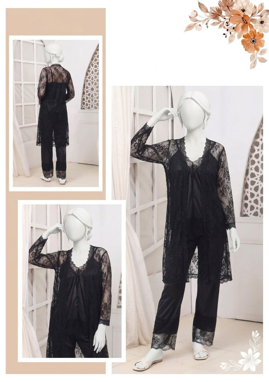 3 Pcs Premium Silk & Net Black Lace Women's Sleepwear