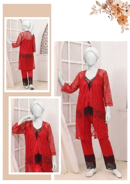 3 Pcs Premium Silk & Net Black Lace Women's Sleepwear
