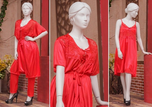3 Pcs Luxury Silk Nightwear Set with Lace Trim – Satin Sleepwear for Women SKU R-008 (Color Red Free Size)