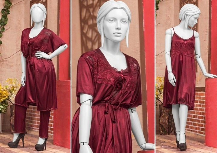 3 Pcs Luxury Silk Nightwear Set with Lace Trim – Satin Sleepwear for Women SKU R-008 (Color Red Free Size)