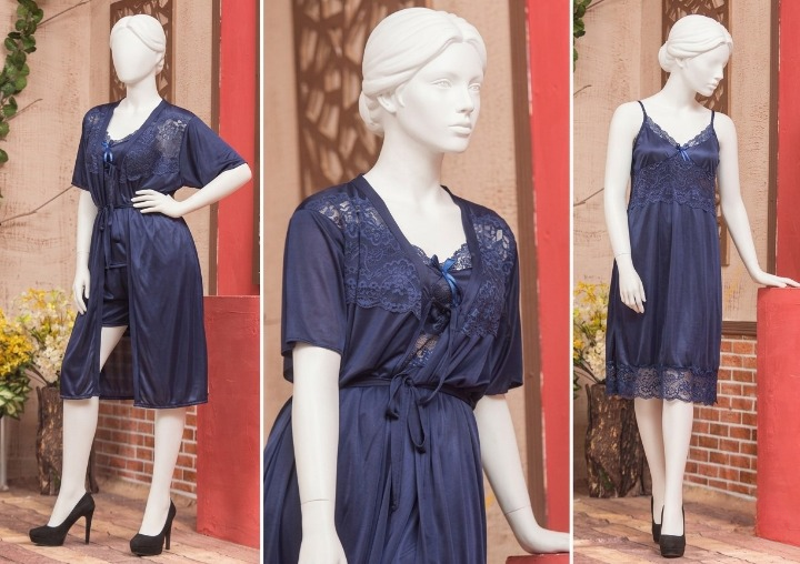 3 Pcs Luxury Silk Nightwear Set with Lace Trim – Satin Sleepwear for Women SKU R-008 (Color Red Free Size)