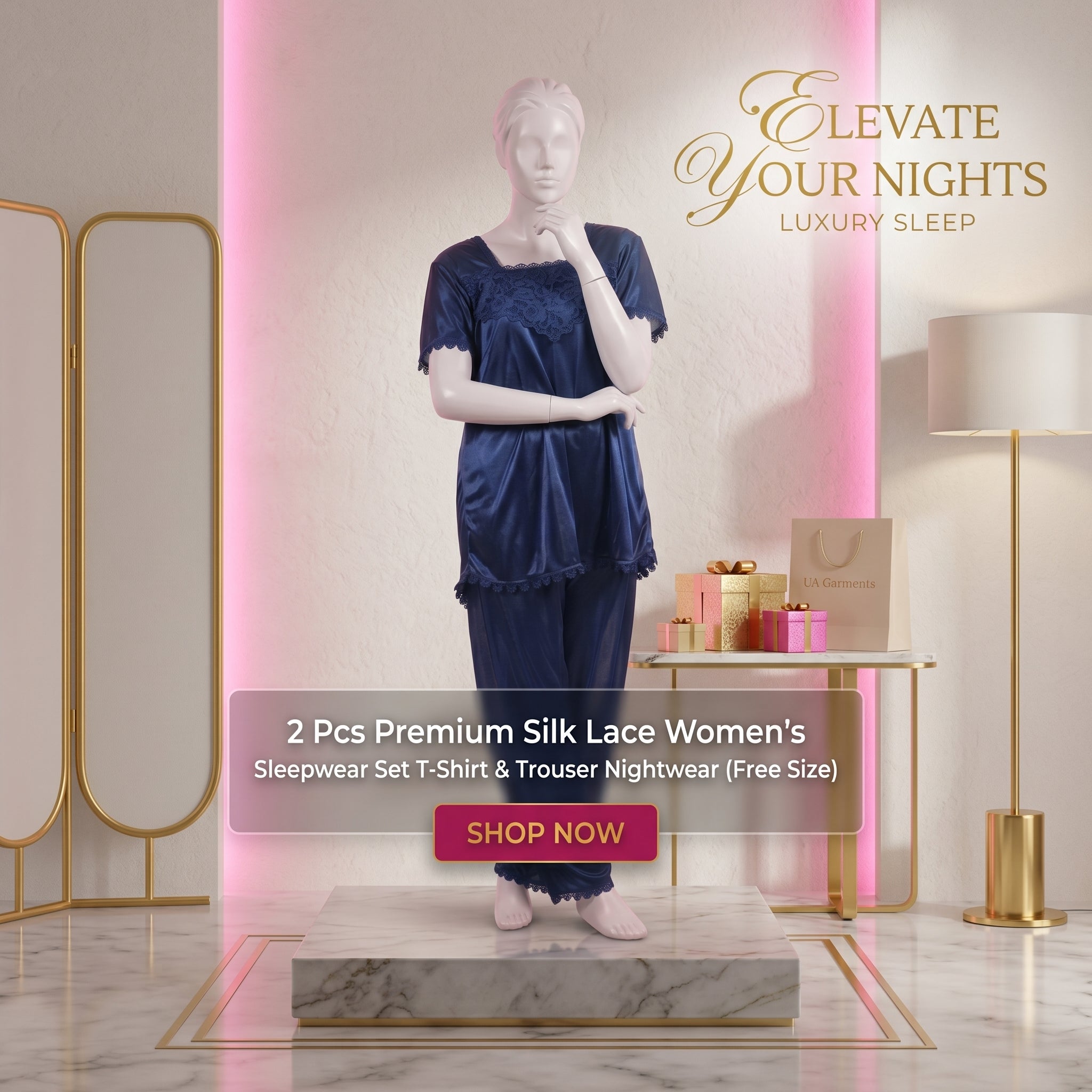 Silk Lace Sleepwear Set – 2 Pcs