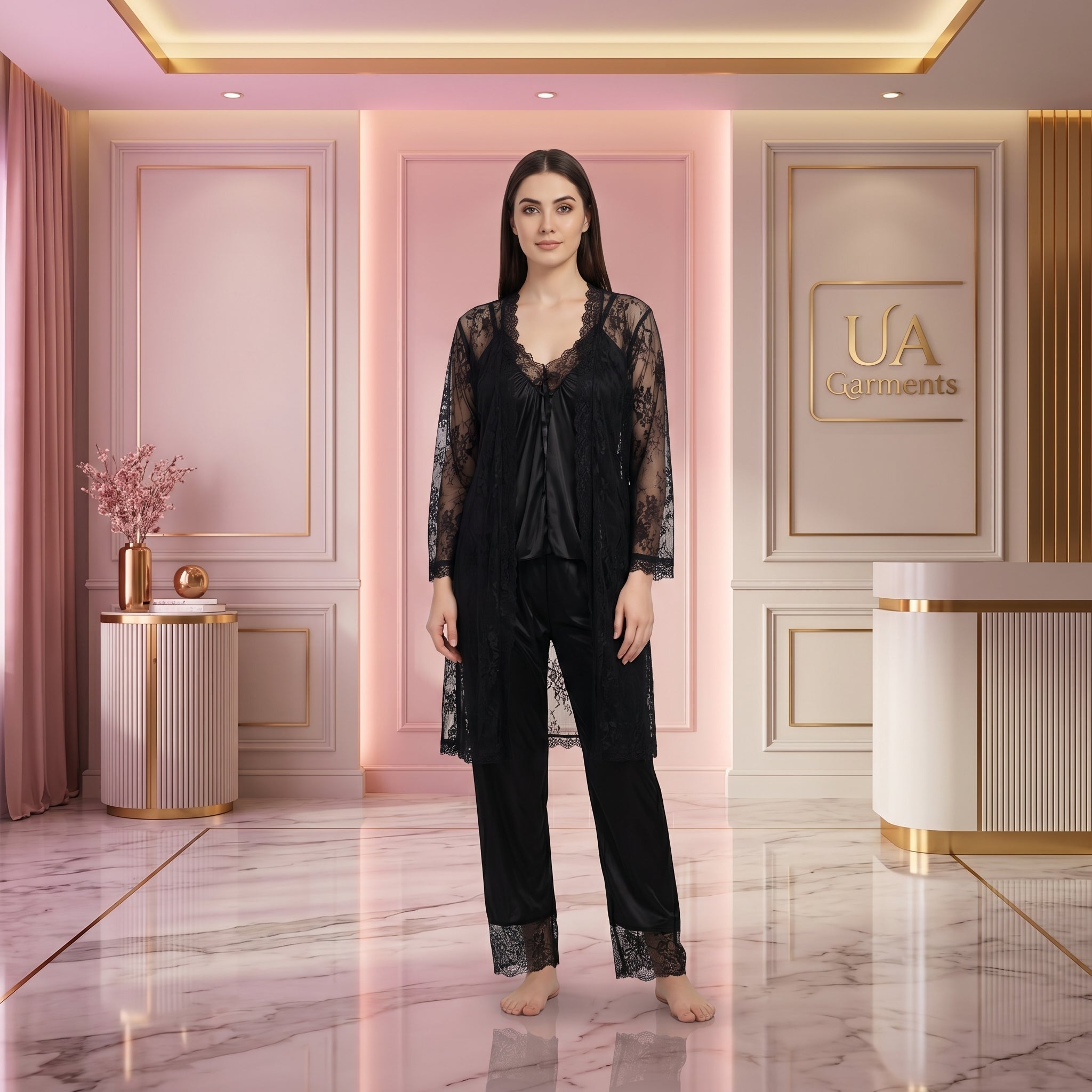 3 Pcs Premium Silk & Net Black Lace Women's Sleepwear