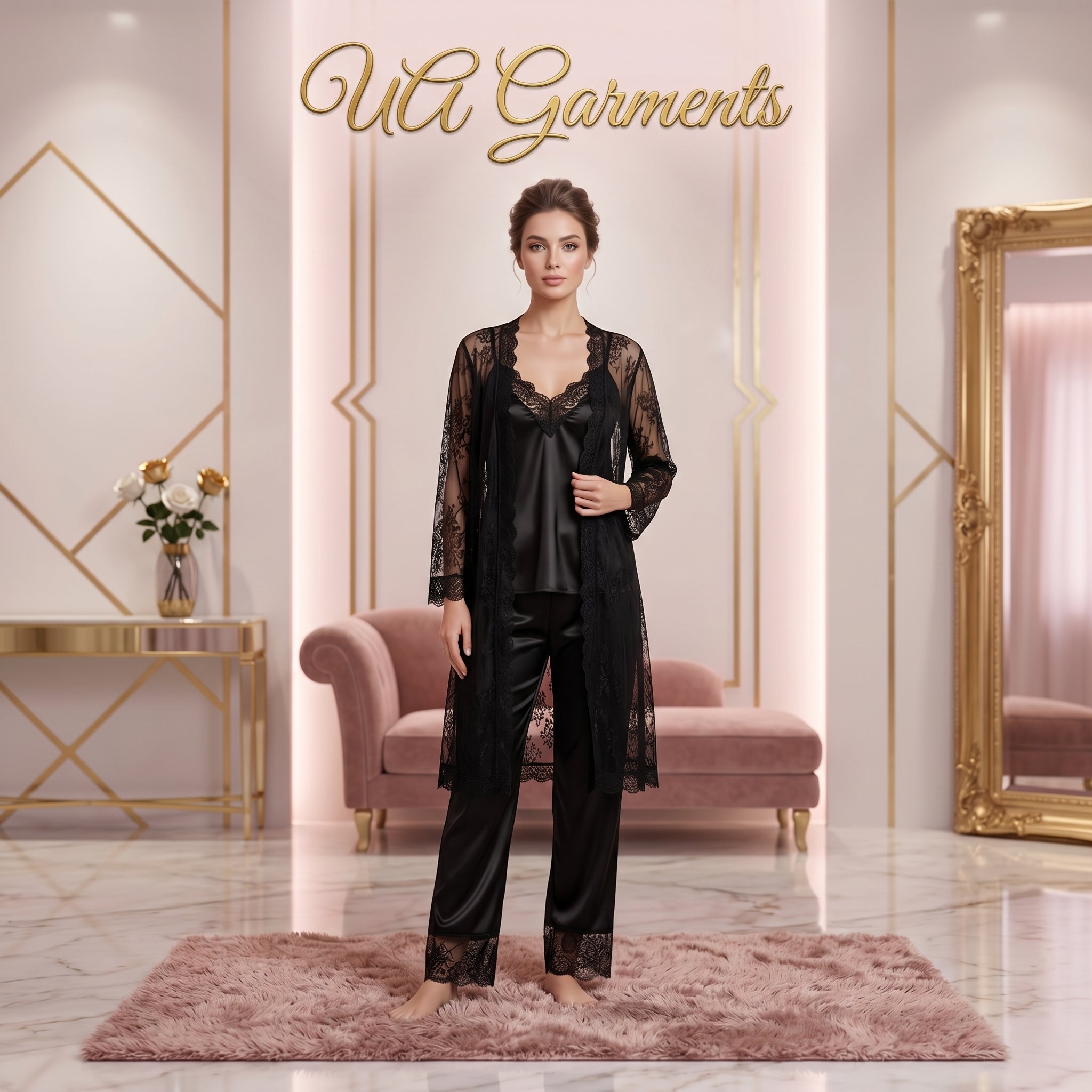3 Pcs Premium Silk & Net Black Lace Women's Sleepwear
