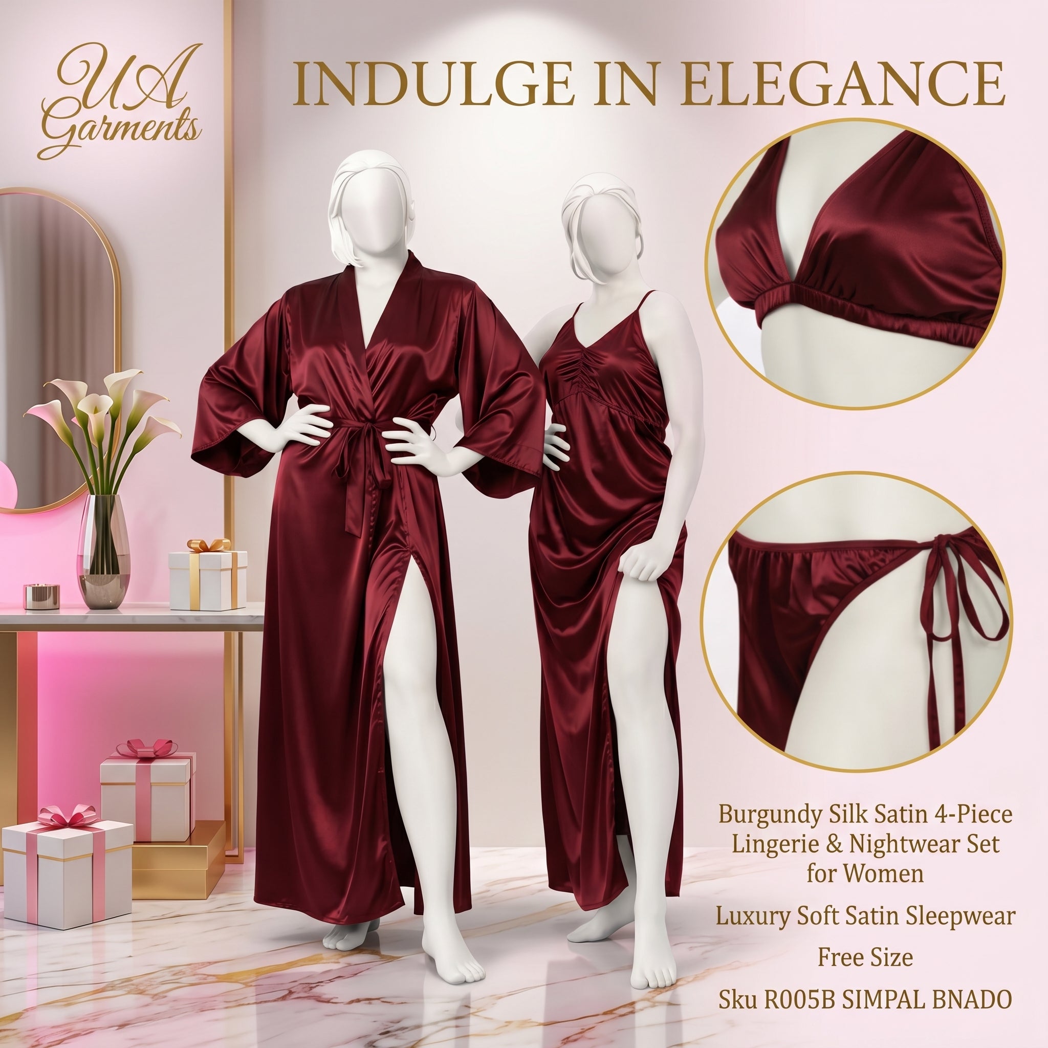 Burgundy Silk Satin 4-Piece Lingerie & Nightwear Set for Women – Luxury Soft Satin Sleepwear, Free Size Sku R005B