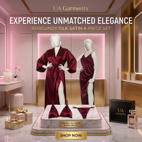 Burgundy Silk Satin 4-Piece Lingerie & Nightwear Set for Women – Luxury Soft Satin Sleepwear, Free Size Sku R005B