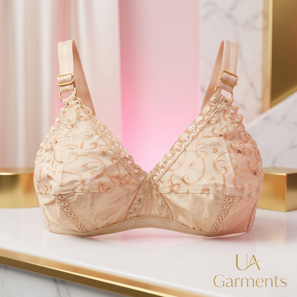 Beige Embroidered Cotton Bra for Daily Wear