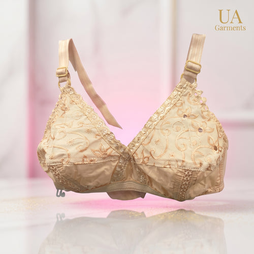 Beige Embroidered Cotton Bra for Daily Wear
