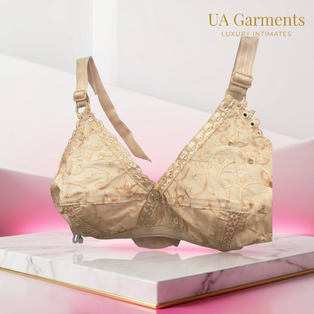 Beige Embroidered Cotton Bra for Daily Wear