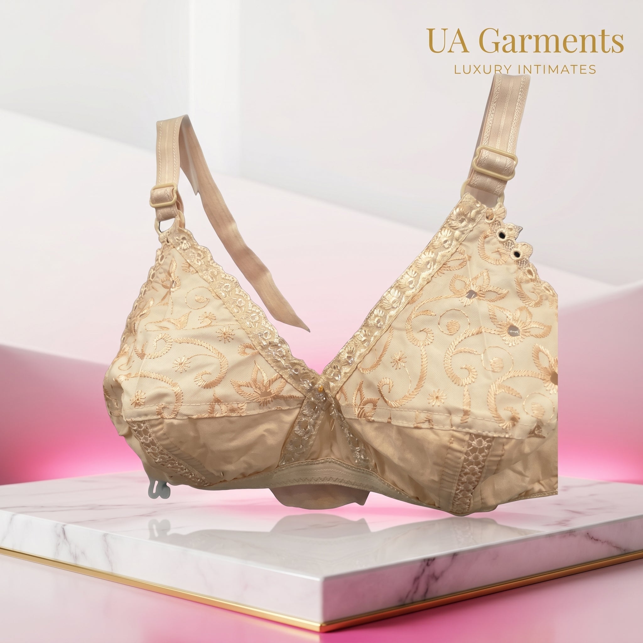 Beige Embroidered Cotton Bra for Daily Wear
